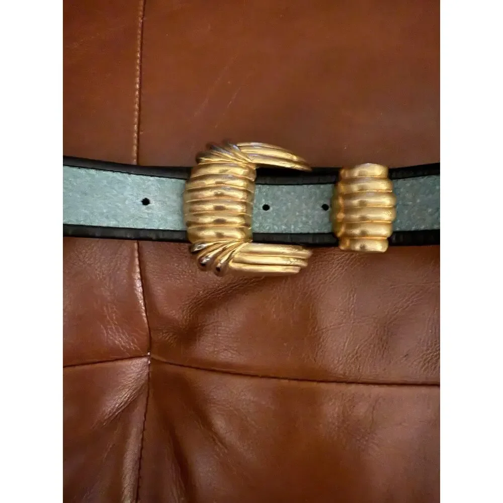 VTG Carlisle Teal Good Brass Buckle Art Deco Leather Belt S